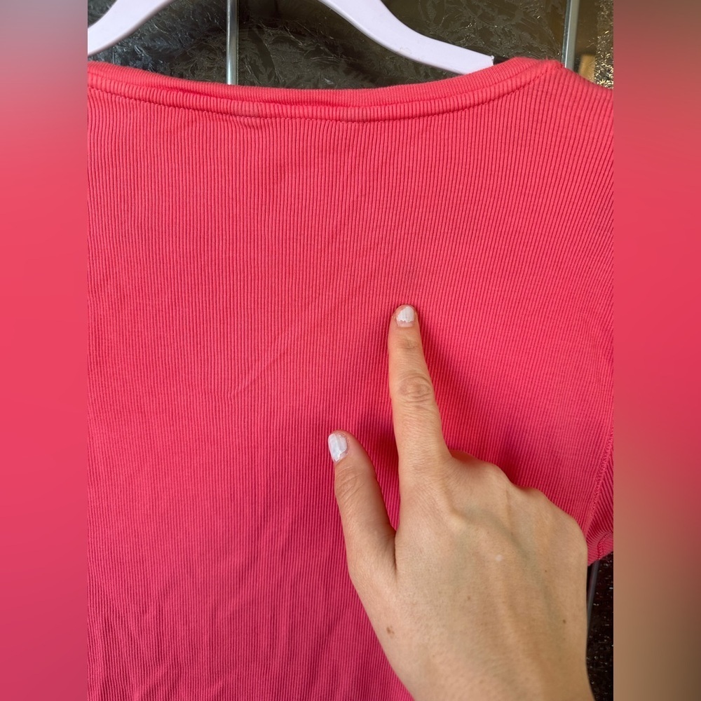 Large Ralph Lauren Pink Ribbed Baby Doll Tie V Neck Fitted Tee Cotton Y2K Cap - Picture 6 of 6